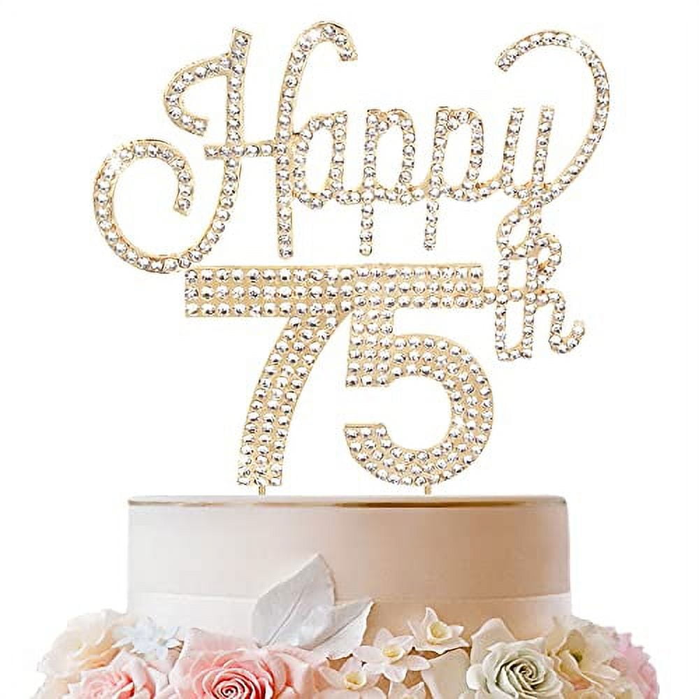 LINGTEER Happy 75th Birthday Gold Rhinestone Cake Topper - Cheers to ...