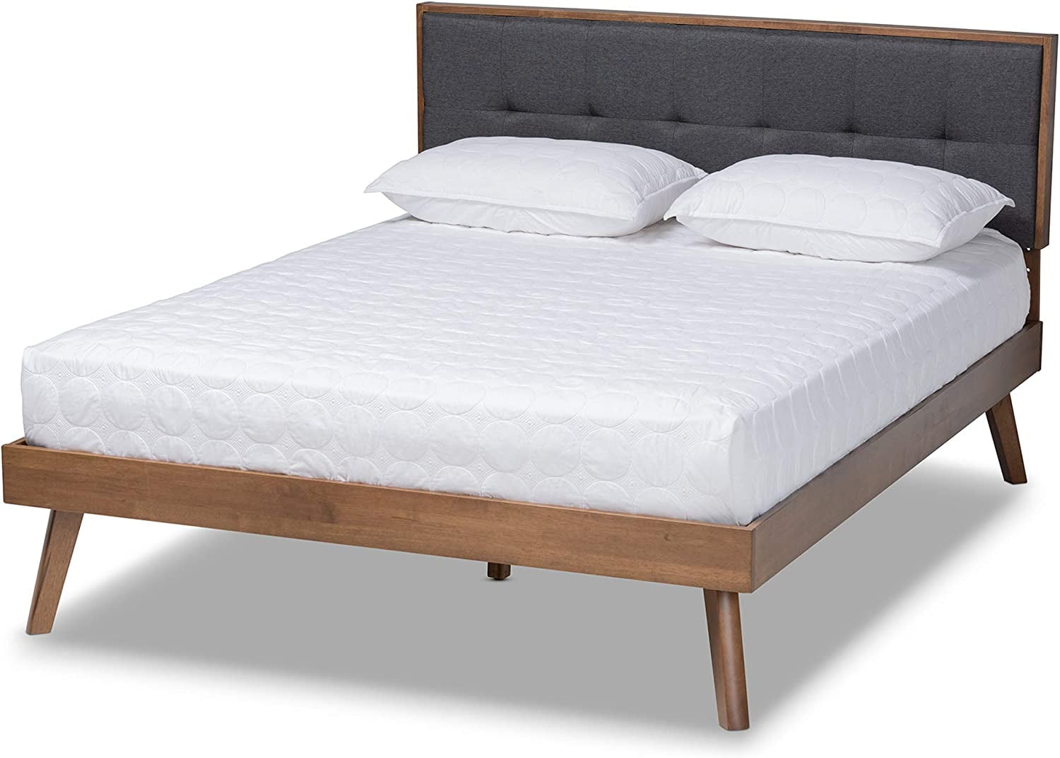 Full Dark Grey Upholstered Walnut Wood Platform Bed