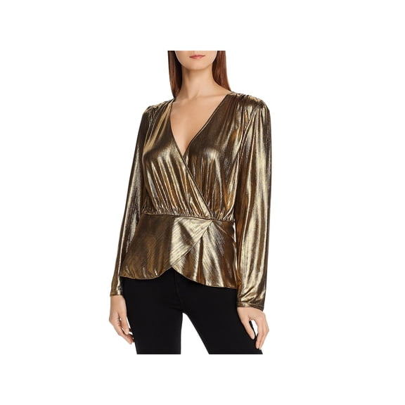 LINI Womens Metallic Puff Sleeves Wrap Top