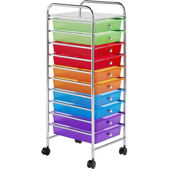 LINJH 10 Drawer Cart Rolling Plastic Storage Cart and Organizer Multipurpose Mobile Rolling Utility Storage Organizer for Home Office School and Workshop, Multicolor