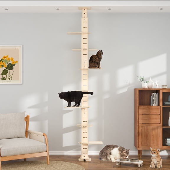 LINJH 114"H Adjustable Height Floor-To-Ceiling Vertical Cat Tree Natural Wood