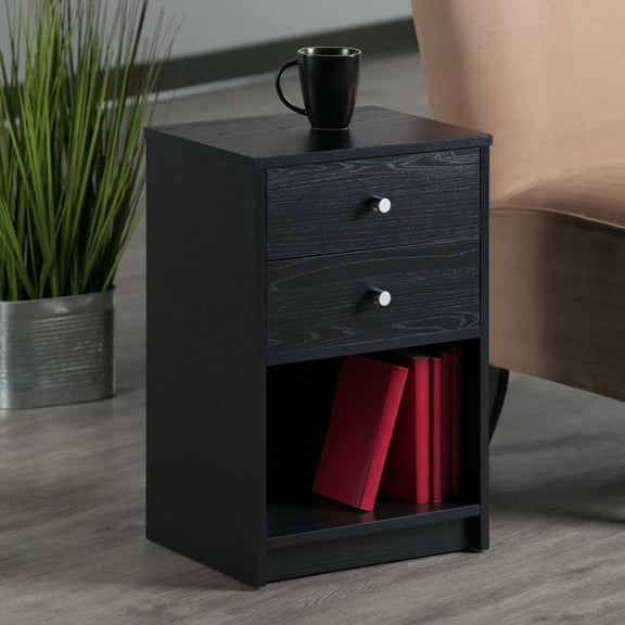 LINJH 2 Drawers Nightstand Storage Wood End Table Bedside Organizer Modern Black