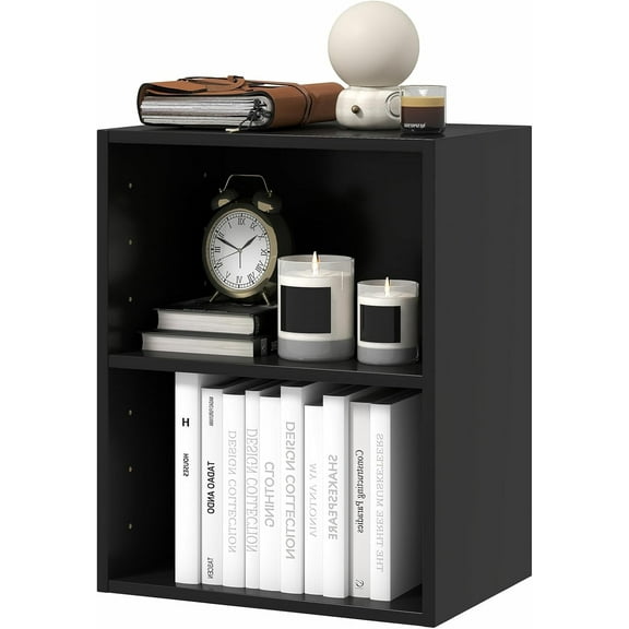 LINJH 2-Tier Bookshelf, Wooden Display Cabinet Cube Storage Organizer with Adjustable Shelf & Space Saving Design, Freestanding Small Bookcase for Home, Office, Study (1, Black)