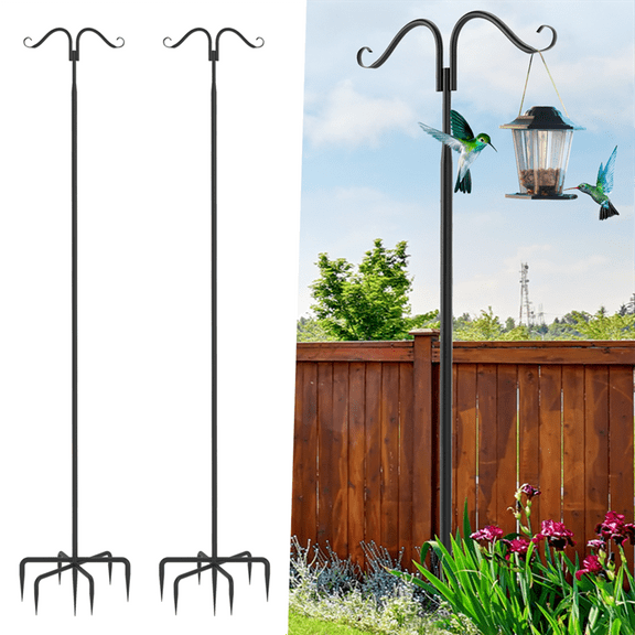 LINJH 2x Adjustable Height Double Shepherds Hooks Lights Poles Hanging Bird Feeder 9ft