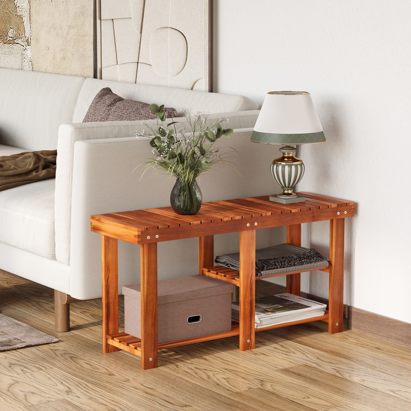 LINJH 3-tier Acacia Wood Entryway Slatted Shoe Storage Bench Boots Rack ...