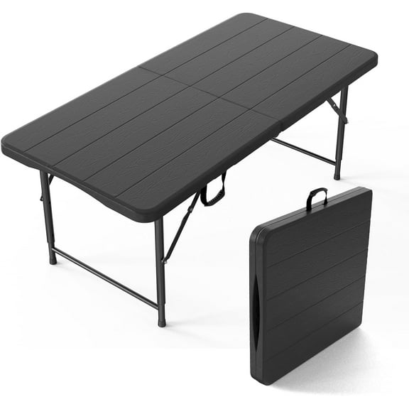 LINJH 4 Foot Plastic Folding Table Portable Long Table for Indoor Outdoor Use Rectangular with Carrying Handle, Smooth HDPE Tabletop, Black