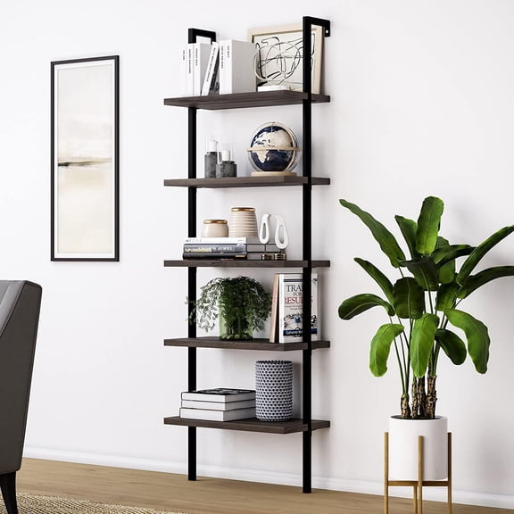 LINJH 5 Tier Shelf Wood Ladder Bookcase w/ Metal Frame Industrial Modern Bookshelf