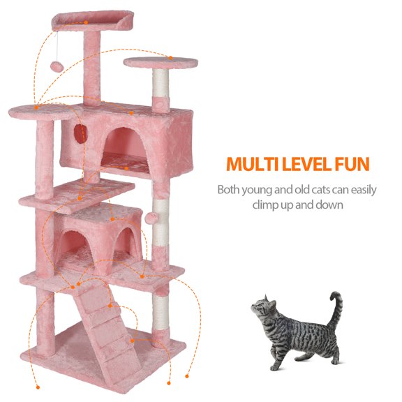 LINJH 53" Cat Tree Activity Center Sturdy Cat Tower Playing House Condo for Rest Pink