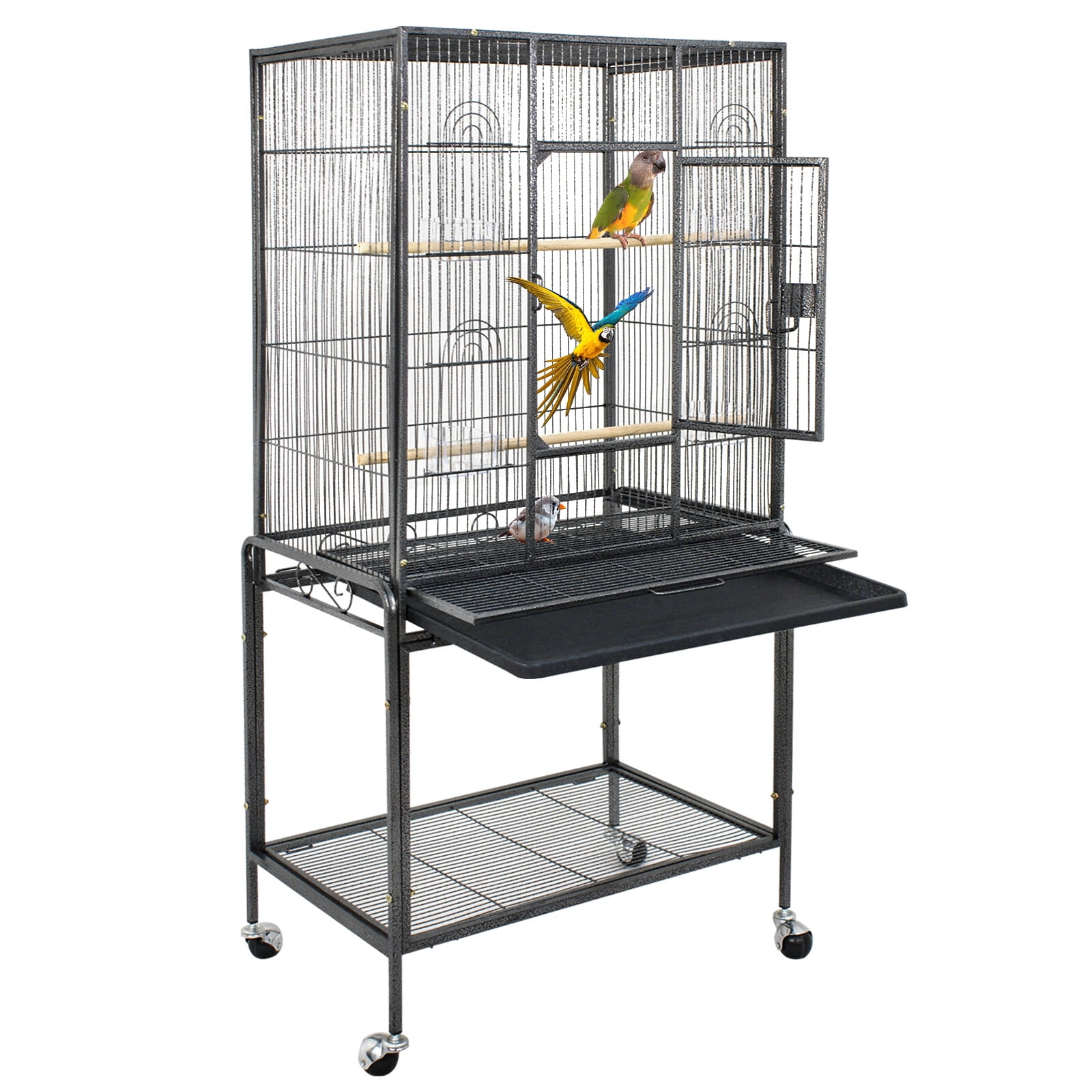 LINJH 53-inch Bird Cage w/Rolling Stand & Storage Shelf Large Wrought Iron Parrot Cage-Black