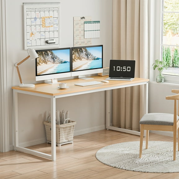 LINJH 55" Computer Table Laptop Desk Wood Workstation Study Writing Desk Home Natural