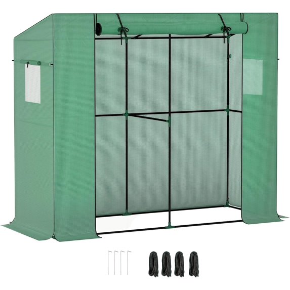 LINJH 6.6' x 2.5' x 5.6' Lean-to Small Greenhouse for Outdoors, Portable Greenhouse with UV-Resistant PE Cover, Walk-in Green House with Roll-up Door and Mesh Windows, Green