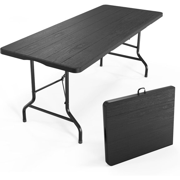 LINJH 6 Foot Plastic Folding Table Portable Long Table for Indoor Outdoor Use Rectangular with Carrying Handle, Smooth HDPE Tabletop, Black