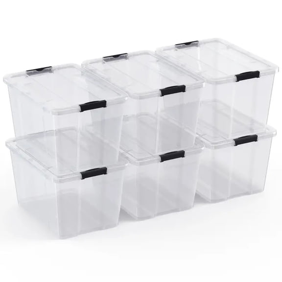 LINJH 6-Pack Stackable 34 Quart Plastic Tote Boxes - Secure Latches for Easy Storage