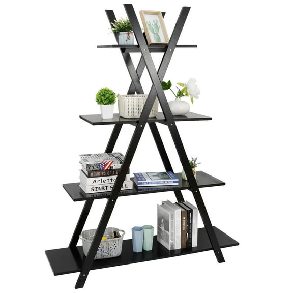 LINJH A Frame Bookcase Bookshelf Ladder Shelf Storage Display  4 Tier  Modern Black
