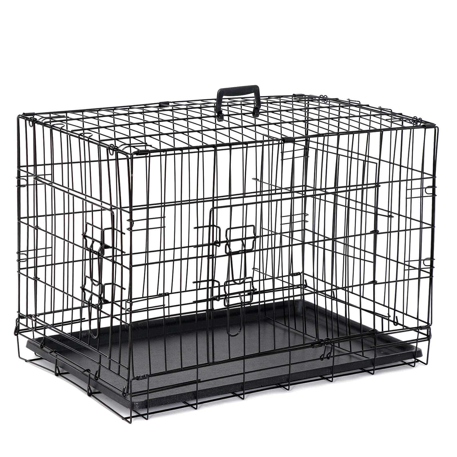 LINJH Durable Folding Metal Dog Crate Double Doors Pet Dog Crates Black Dog Cage 30"