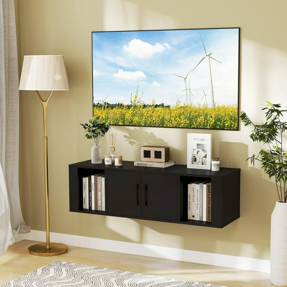 LINJH Floating TV Stand, Wall Mounted TV Console Table with Doors, Entertainment Media Center Under TV, Modern TV Cabinet for Living Room, Bedroom, Office-Black