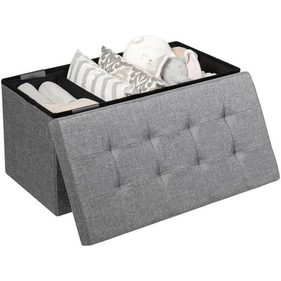 LINJH Folding Ottoman with Storage, 31.5” Storage Ottoman Foot Rest with Removable Storage Bin & Padded Seat, Storage Bench Foot Stool for Bedroom, Living Room, Entryway (Silver)