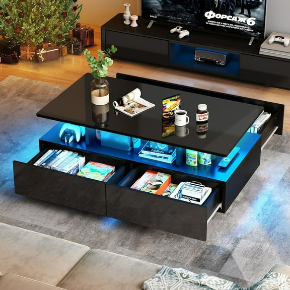 LINJH High Glossy 16 Color LED Coffee Table with 4 Drawers Storage Modern Living Room