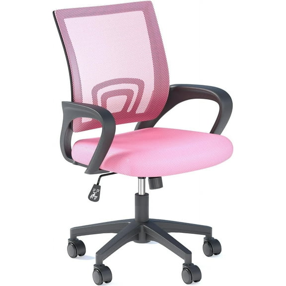 LINJH Home Office Chair, Ergonomic Mid-Back Mesh Desk Chair with Lumbar Support, Adjustable Swivel Rolling Design, Comfy Armrest for Work, Study, Gaming, Vanity,Pink