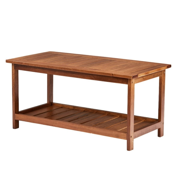 LINJH In/Outdoor 2-Tier Patio Wood Coffee Table - Slatted Tabletop with Storage Shelf for Backyards, Decks & Indoor Spaces - Weather-Resistant Design