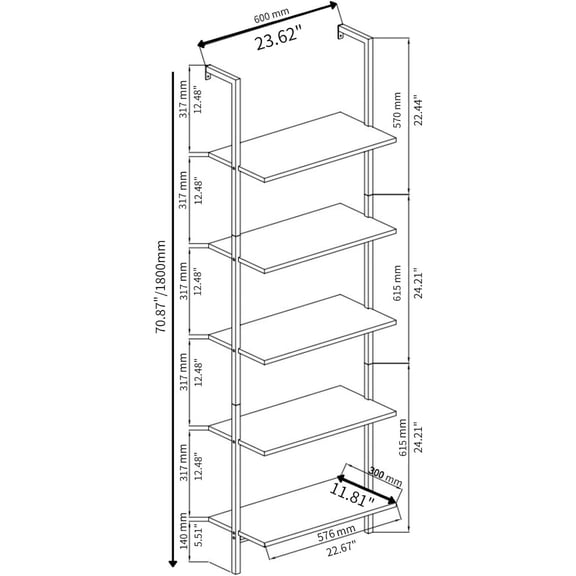 LINJH Ladder Shelf 5 Tier Wall Mounted Bookcase with Metal Frame, Open Design Shelves for Living Room, Bedroom, Home, Dark Walnut (23.62" L x 11.81" W x 70.87" H)