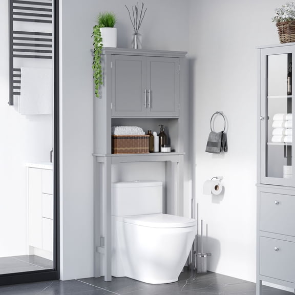 LINJH Over The Toilet Storage Cabinet, Double Door Bathroom Organizer w/ Shelf, Grey