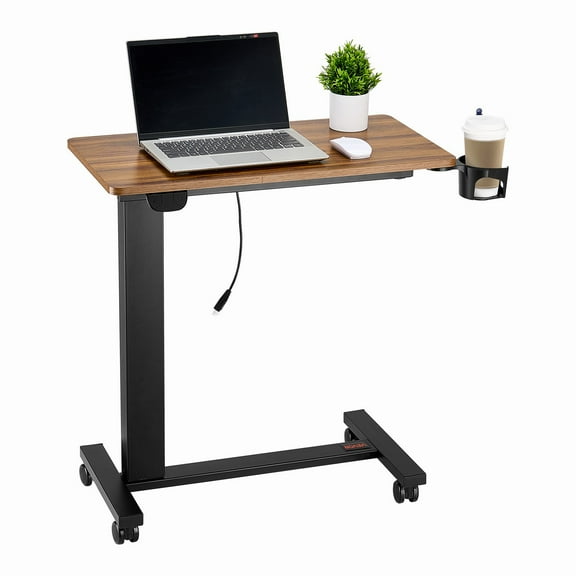 LINJH Overbed Table Mobile Bed Side Desk with Electric Lifting & 4 Wheels Wood