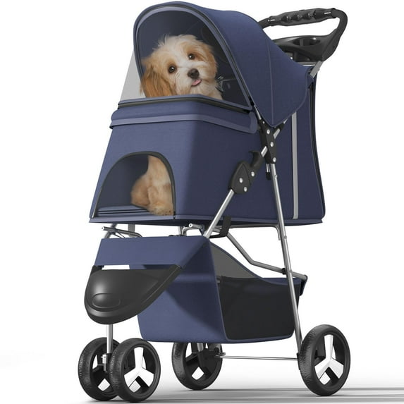 LINJH Pet Stroller with 3 Wheels for Small/Medium Pets, Portable Travel Foldable Carrier Jogger for Dog Cat Puppy Kitty, Rear Wheel Breaks, Storage Basket, Visible Mesh with Weather Cover,Navy Blue