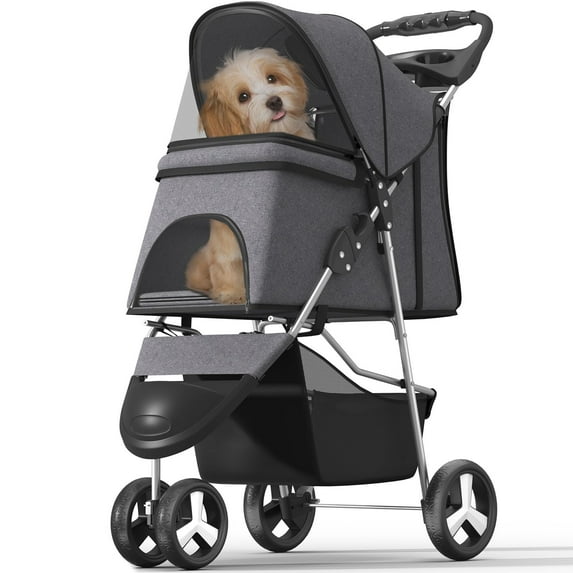 LINJH Pet Stroller with 3 Wheels for Small/Medium Pets, Portable Travel Foldable Carrier Jogger for Dog Cat Puppy Kitty, Rear Wheel Breaks, Storage Basket, Visible Mesh with Weather Cover,Gray