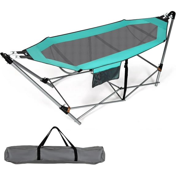 LINJH Portable Folding Hammock, Lounge Camping Bed with Hammock Stand, Indoor & Outdoor Hammocks w/Side Pocket, Anti-tip Buckles & Iron Stand for Camping Outdoor Patio Yard Beach (Turquoise)