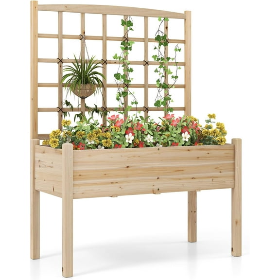 LINJH Raised Garden Bed with Lattice Trellis, 4 Drainage Holes, Wooden Elevated Planter Box with Legs for Climbing Vine, Hanging Small Flower Baskets, Outdoor Gardening Planter for Patio Balcony