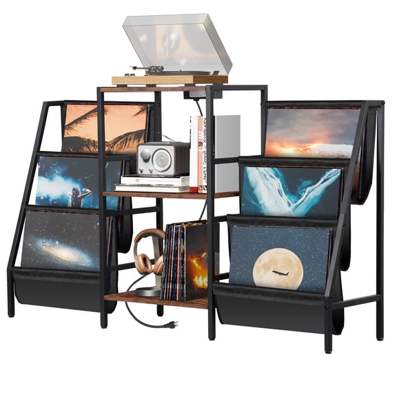 LINJH Record Player Stand w/3 Tier Vinyl Storage & Power Outlet Holds up to 280 Albums