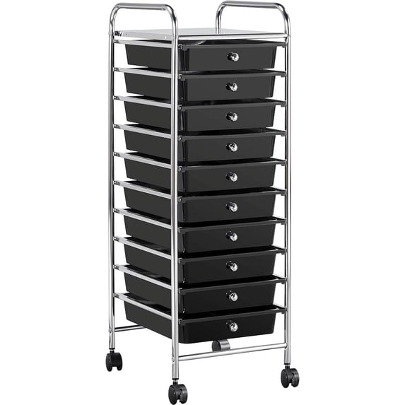 LINJH Rolling Cart Organizer Plastic Trolley with 10 Storage Drawers Utility Cart on Wheels Art Craft Organizer Ample Storage Space, Black