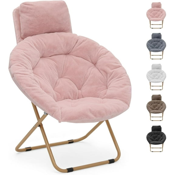 LINJH Round Comfy Saucer Chair with Headrest Large Cozy, Metal Frame Cozy Lounge Lazy Chair Folding Faux Fur Saucer Chair for Adults, Foldable Papasan Moon Chair,Light Pink