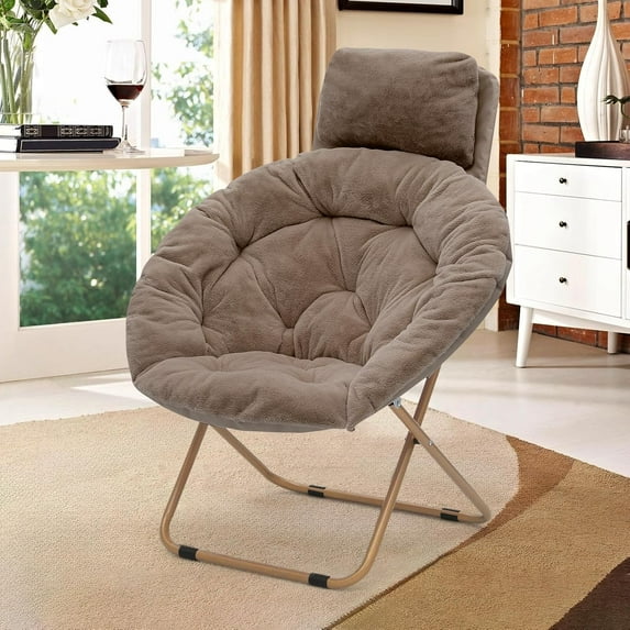 LINJH Round Comfy Saucer Chair with Headrest Large Cozy, Metal Frame Cozy Lounge Lazy Chair Folding Faux Fur Saucer Chair for Adults, Foldable Papasan Moon Chair,Light Brown