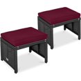 thumbnail image 1 of LINJH Set of 2 Wicker Ottomans, Multipurpose Outdoor Furniture for Patio, Backyard, Additional Seating, Footrest, Side Table w/Removable Cushions, Steel Frame - Deep Burgundy/Black, 1 of 8