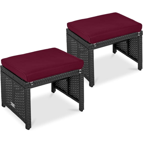 LINJH Set of 2 Wicker Ottomans, Multipurpose Outdoor Furniture for Patio, Backyard, Additional Seating, Footrest, Side Table w/Removable Cushions, Steel Frame - Deep Burgundy/Black