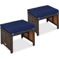 thumbnail image 1 of LINJH Set of 2 Wicker Ottomans, Multipurpose Outdoor Furniture for Patio, Backyard, Additional Seating, Footrest, Side Table w/Removable Cushions, Steel Frame - Navy/Brown, 1 of 8