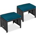 thumbnail image 1 of LINJH Set of 2 Wicker Ottomans, Multipurpose Outdoor Furniture for Patio, Backyard, Additional Seating, Footrest, Side Table w/Removable Cushions, Steel Frame - Peacock Blue/Black, 1 of 8