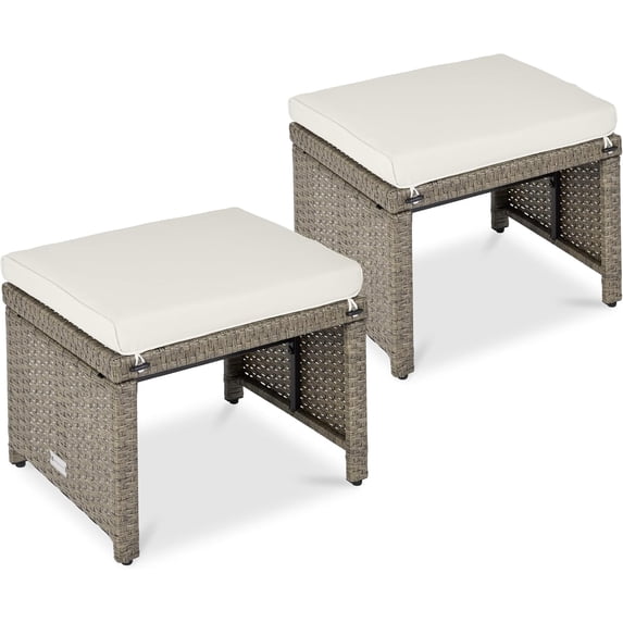 LINJH Set of 2 Wicker Ottomans, Multipurpose Outdoor Furniture for Patio, Backyard, Additional Seating, Footrest, Side Table w/Removable Cushions, Steel Frame - White Sand/Taupe