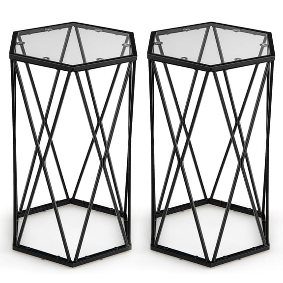 LINJH Set of 2 End Table Tempered Glass Top Metal Frame Hexagonal Accent Side Table