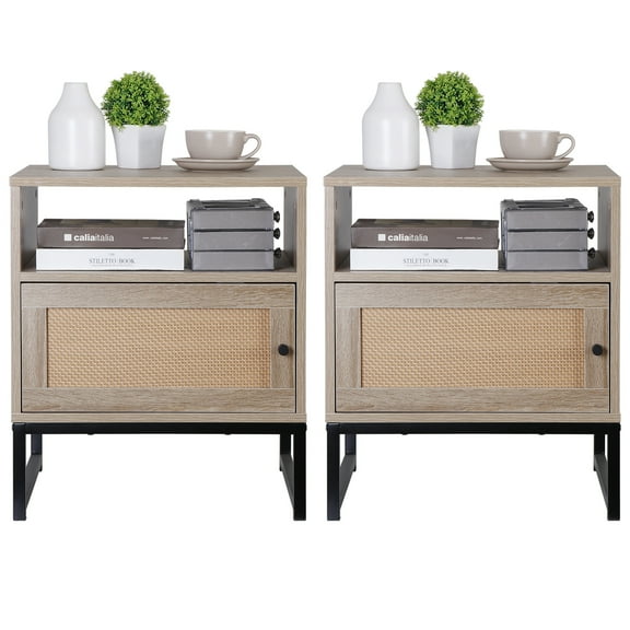 LINJH Set of 2 Wooden Bedside End Table Accent Table with Storage Drawers Metal Legs