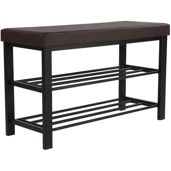 LINJH Shoe Bench, 3-Tier Shoe Rack for Entryway, Storage Organizer with Foam Padded Seat, Faux Leather, Metal Frame, for Living Room, Hallway, 12.2 x 31.9 x 19.3 Inches, Brown