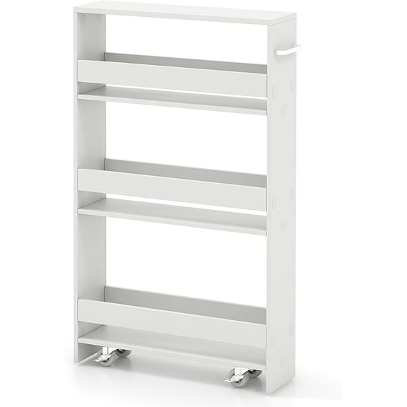 LINJH Slim Rolling Storage Cart, 4-Tier Freestanding Slim Storage Cart with Wheels 360 Degree & Metal Handle, Wooden Utility Cart for Narrow Kitchen, Laundry Room, Bathroom (Plain White)