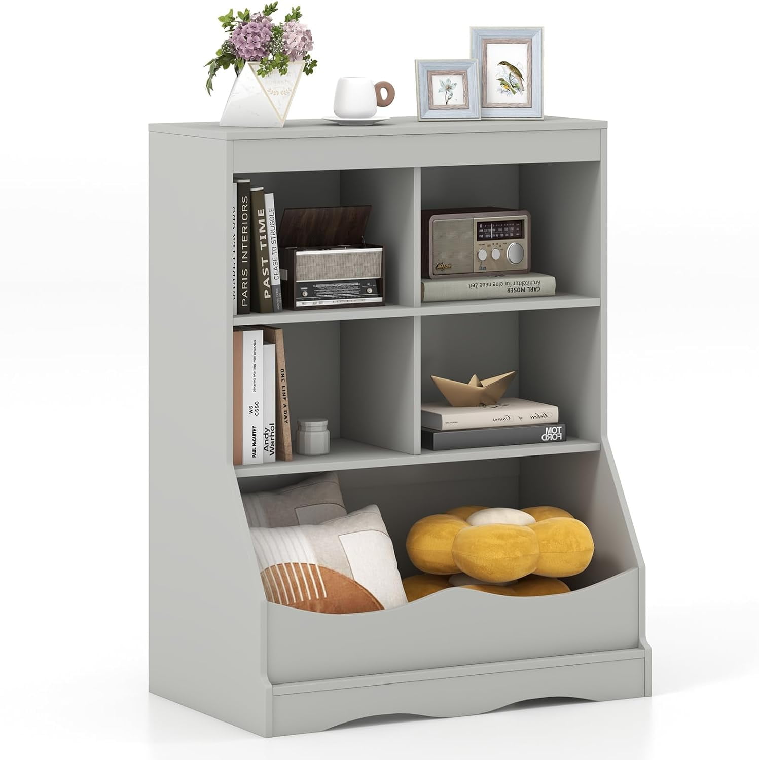 LINJH Storage Cabinet, Small Bookshelf, Short Bookcase with 4 Open Cube & Bottom Compartment, Anti-Tipping Device, Foot Pads, Cubby Storage Organizer for Study, Living Room-Grey