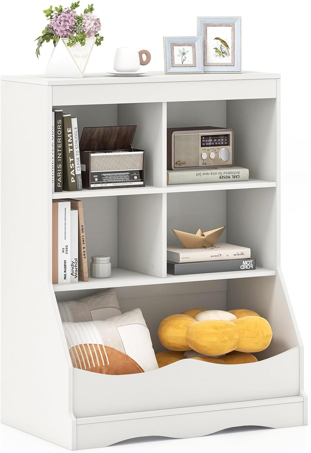 LINJH Storage Cabinet, Small Bookshelf, Short Bookcase with 4 Open Cube & Bottom Compartment, Anti-Tipping Device, Foot Pads, Cubby Storage Organizer for Study, Living Room-White