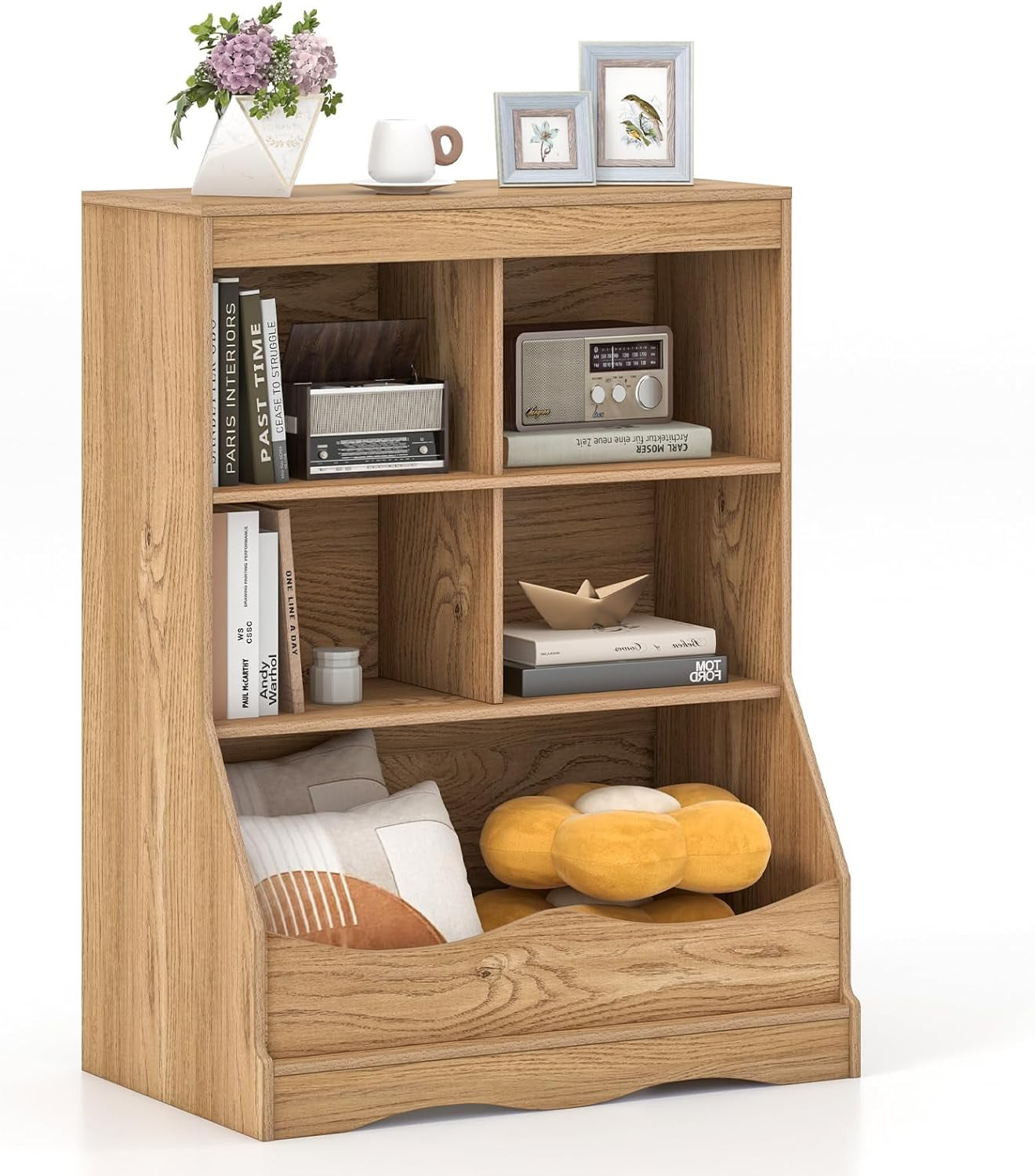 LINJH Storage Cabinet, Small Bookshelf, Short Bookcase with 4 Open Cube & Bottom Compartment, Anti-Tipping Device, Foot Pads, Cubby Storage Organizer for Study, Living Room-Natural