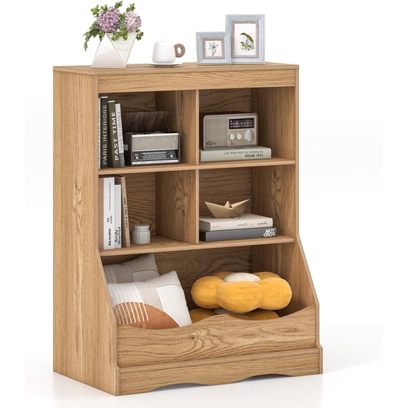 LINJH Storage Cabinet, Small Bookshelf, Short Bookcase with 4 Open Cube & Bottom Compartment, Anti-Tipping Device, Foot Pads, Cubby Storage Organizer for Study, Living Room-Natural