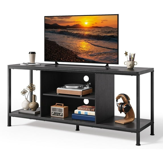 LINJH TV Stand for TVs up to 65 Inch,Entertainment Center with Open Storage Shelves, TV Media Console Table for Living Room and Bedroom, Black