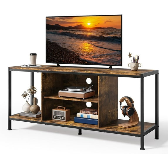 LINJH TV Stand for TVs up to 65 Inch,Entertainment Center with Open Storage Shelves, TV Media Console Table for Living Room and Bedroom, Rustic Brown